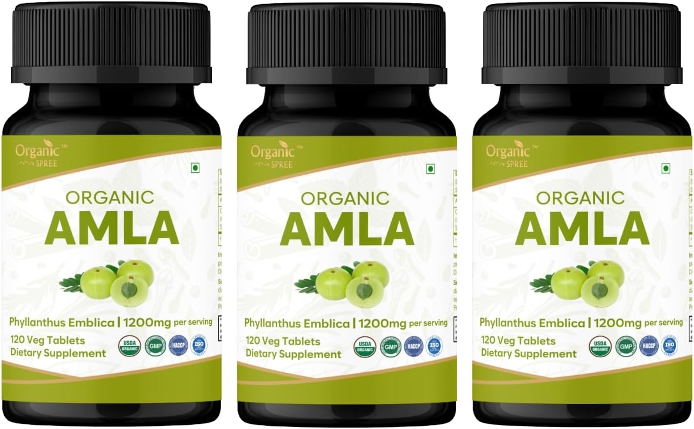 ORGANIC SPREE Tabletas de Amla Orgánico - 1200 mg por dosis - Grosella Espinosa India, Suplemento Rico en Vitamina C, Apoya el Sistema Inmunitario, 120 Tabletas