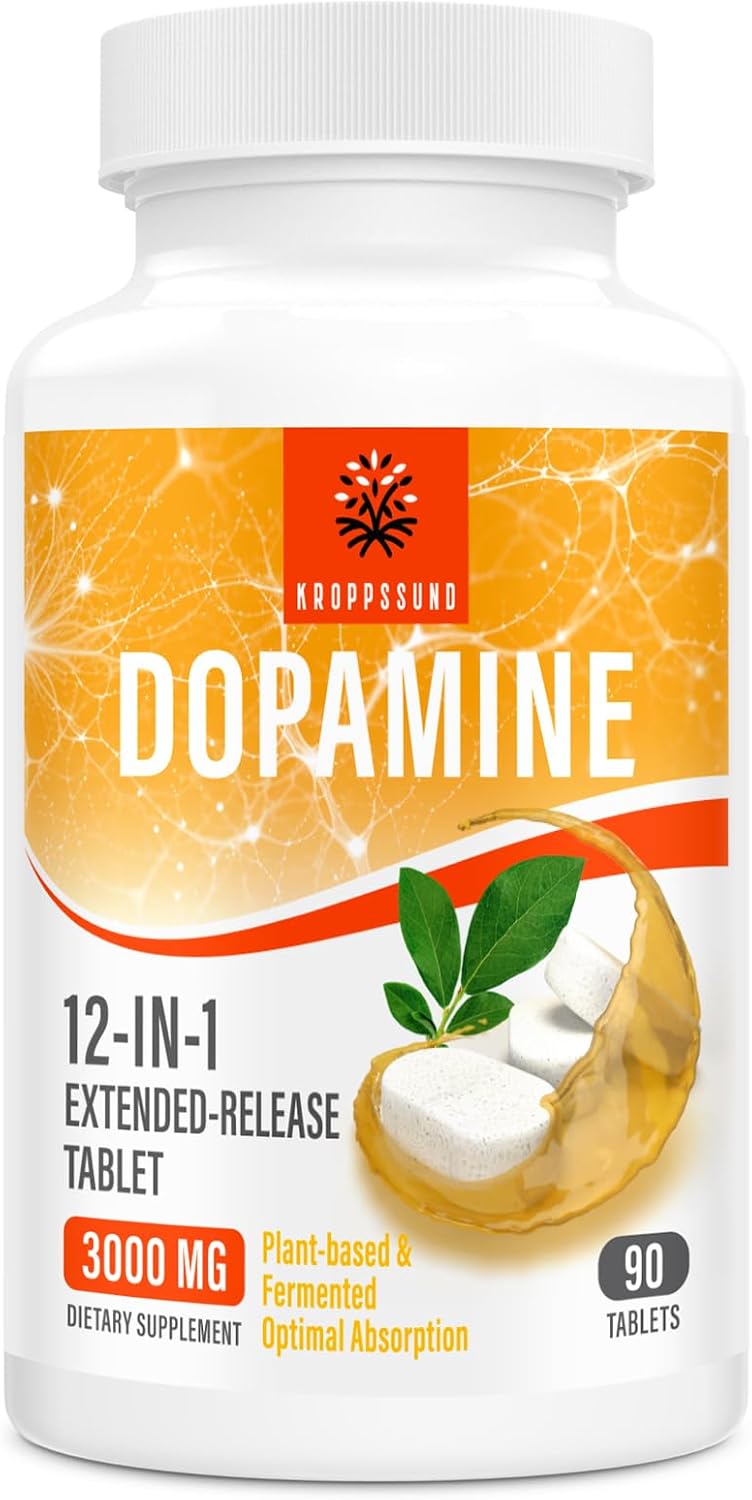 Kroppssund Suplemento de Dopamina con L-Teanina y Ashwagandha, Fórmula 12 en 1 de Liberación Prolongada, 3000 mg por Dosis, 90 Comprimidos (2 Frascos)