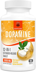 Kroppssund Suplemento de Dopamina con L-Teanina y Ashwagandha, Fórmula de Liberación Prolongada 12 en 1, 3000 mg por Dosis, 90 Comprimidos