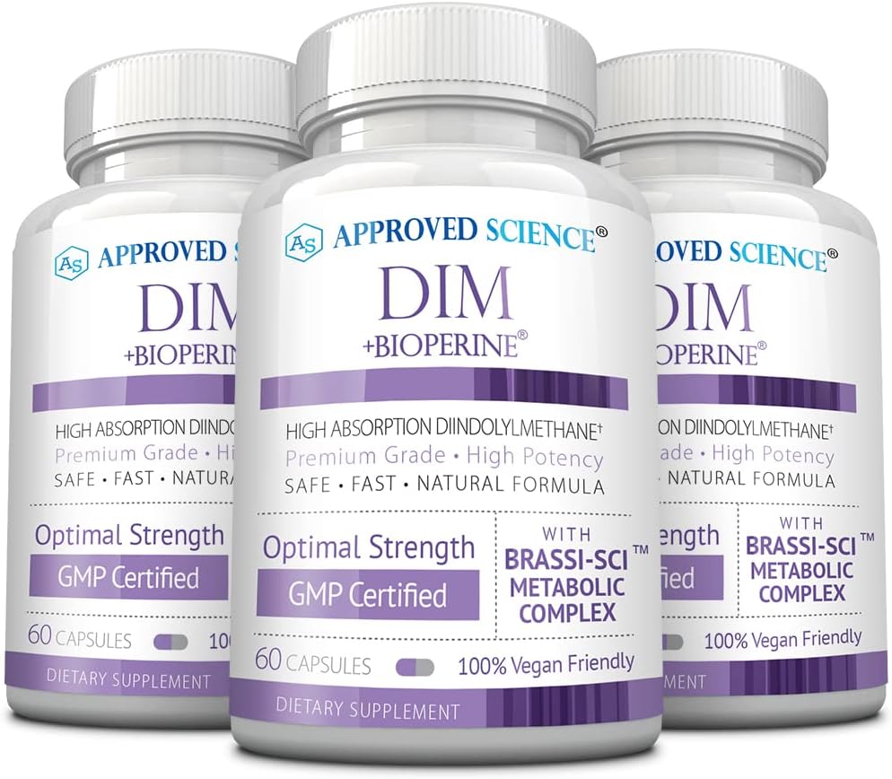 Approved Science DIM - Apoyo al Metabolismo de Estrógenos - DIM, Brócoli, Mostaza, Calcio, BioPerine - Vegano - 6 Botellas - 360 Cápsulas