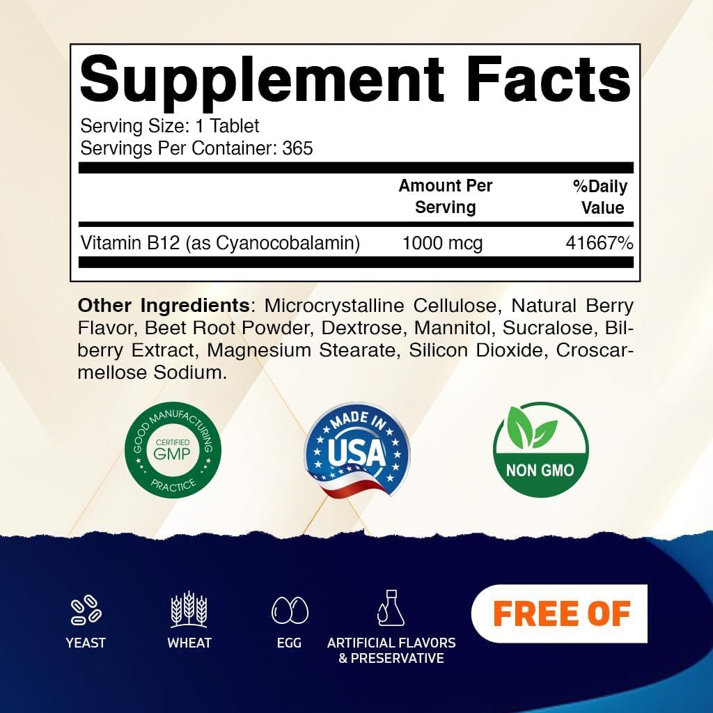 Vitamatic Vitamina B12 1000 mcg – Tabletas de Disolución Rápida con Sabor a Bayas – 2 Frascos de 365 Tabletas – Apoyo al Metabolismo Energético y Sistema Nervioso