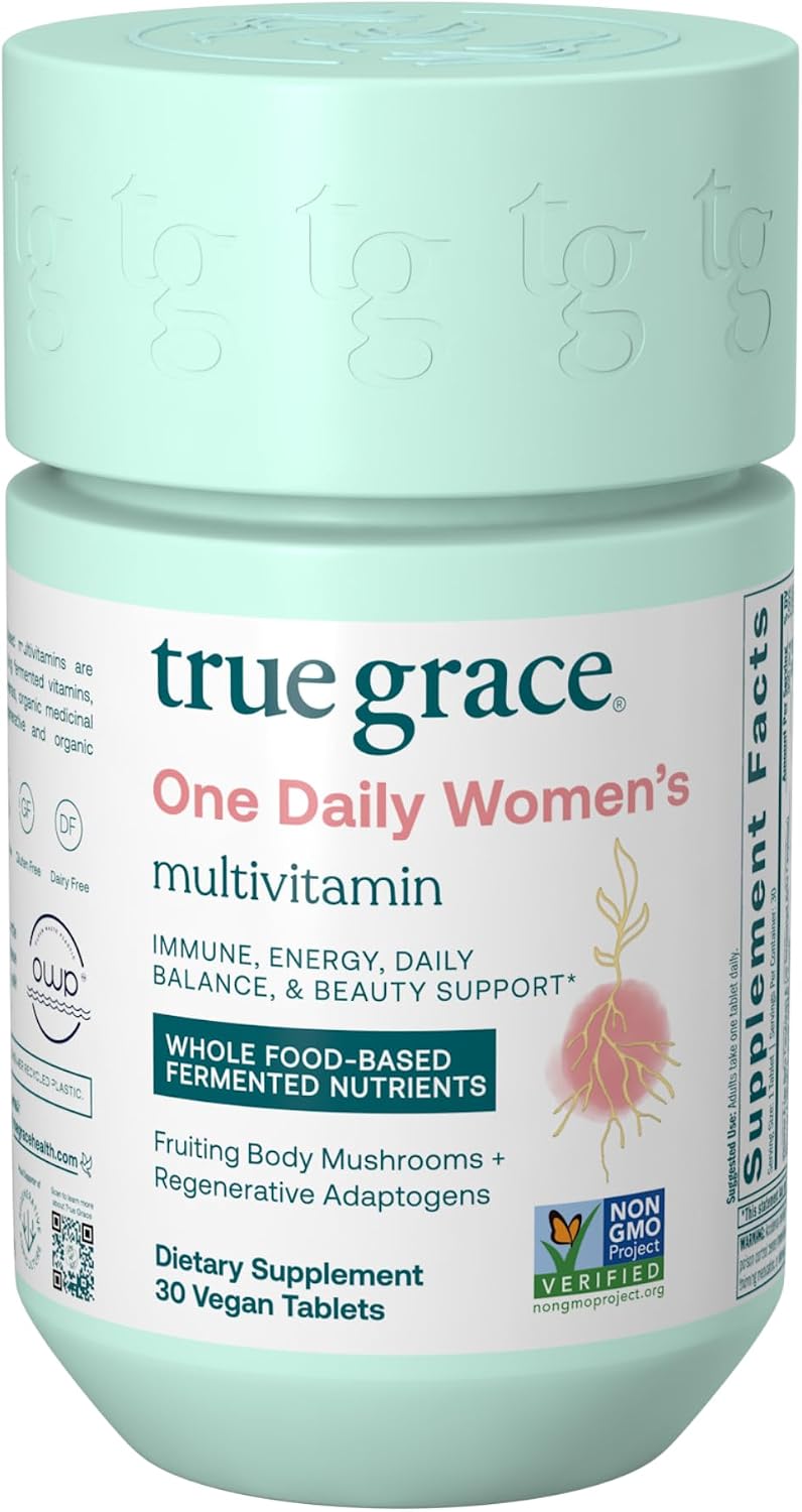 True Grace One Daily Multivitamínico para Mujeres con Minerales Fermentados, Adaptógenos Orgánicos y Hongos - Apoyo Completo para Cuerpo, Mente y Belleza - 30 Comprimidos Veganos