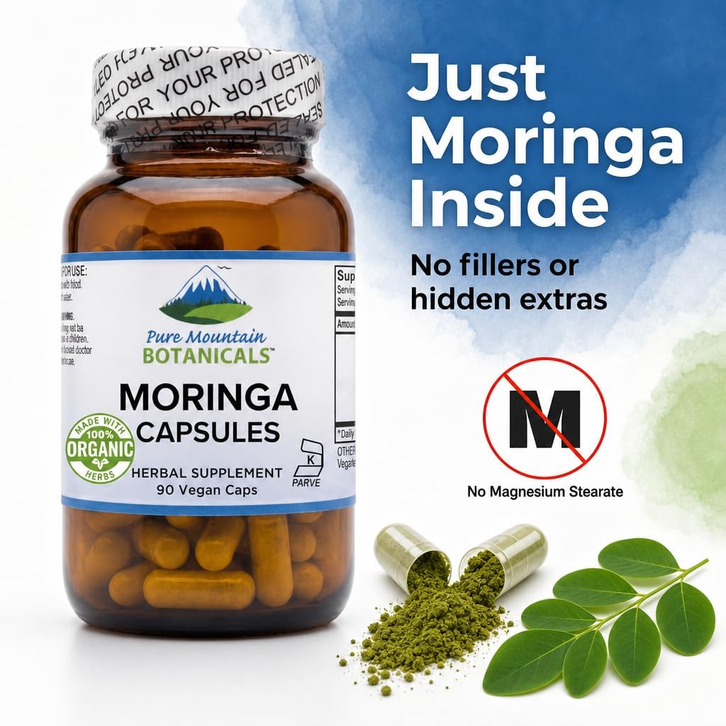 Pure Mountain Botanicals Moringa en Cápsulas - 1000mg Orgánico por Ración - 90 Cápsulas - Vegano Kosher Sin Gluten