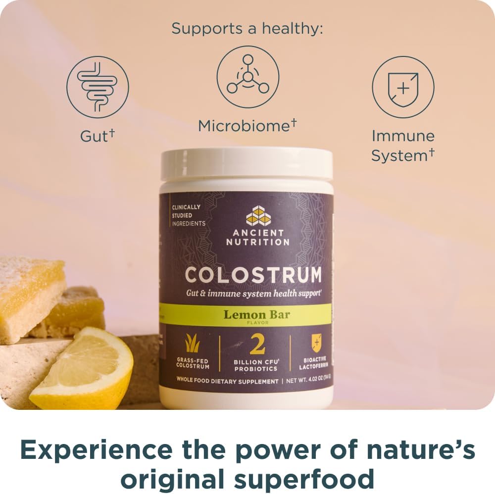 Ancient Nutrition Colostrum Superfood Powder, Calostro Bovino de Pasto, Lactoferrina y Probióticos, Sabor Limón, 60 Porciones