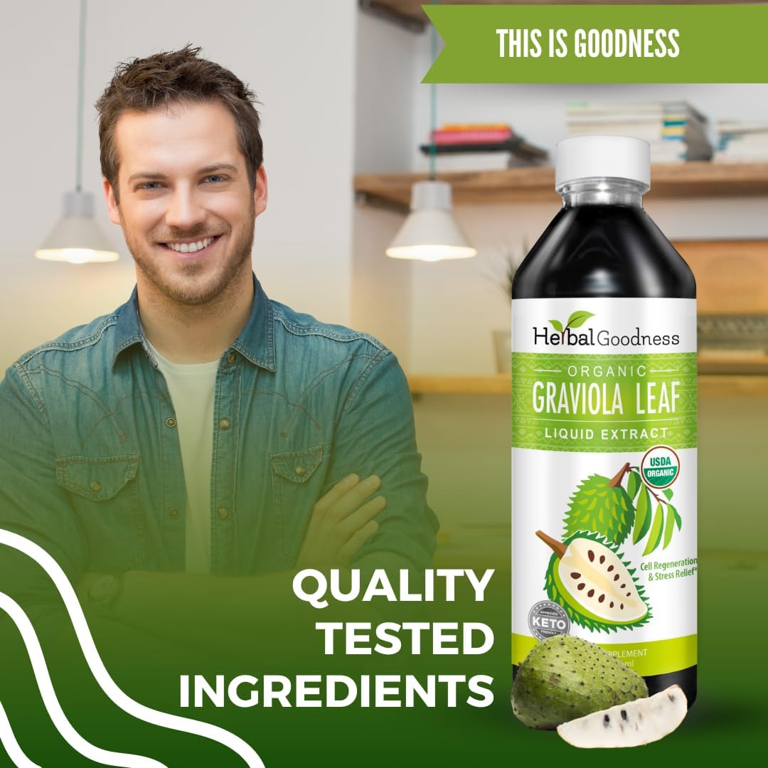 Herbal Goodness Gotas Líquidas de Guanábana Graviola 355 ml - Extracto Orgánico de Hojas de Guanábana 15x para Apoyo Digestivo, Celular e Inmune - Vegano, Sin OGM, Hecho en EE.UU.
