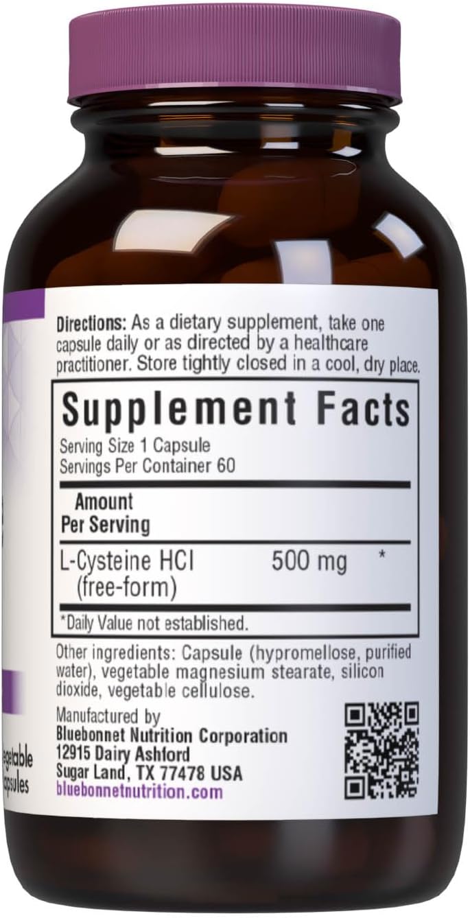 Bluebonnet Nutrition L-Cysteine 500mg – Free-Form Amino Acid, Soy-Free, Gluten-Free, Non-GMO, Vegan, 60 Vegetable Capsules