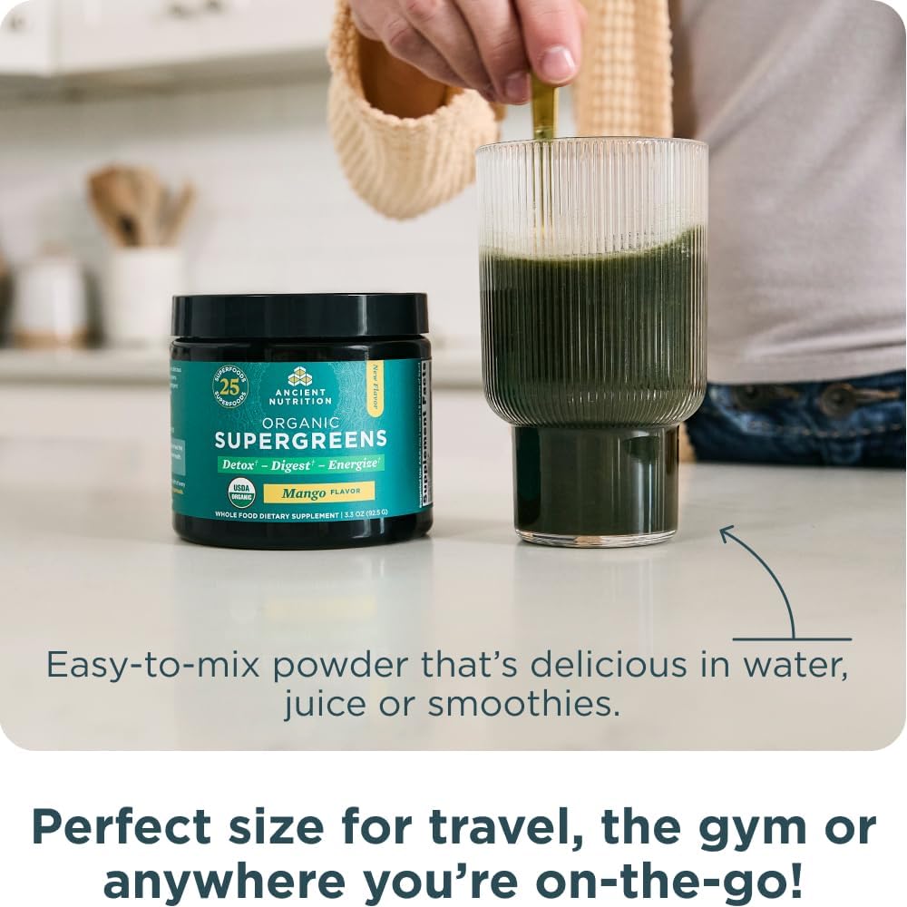 Ancient Nutrition SuperGreens Powder with Probiotics, Organic Mango Flavor Greens, Made from Real Fruits, Vegetables and Herbs, Digestive and Energy Support, 12 Servings, 93g