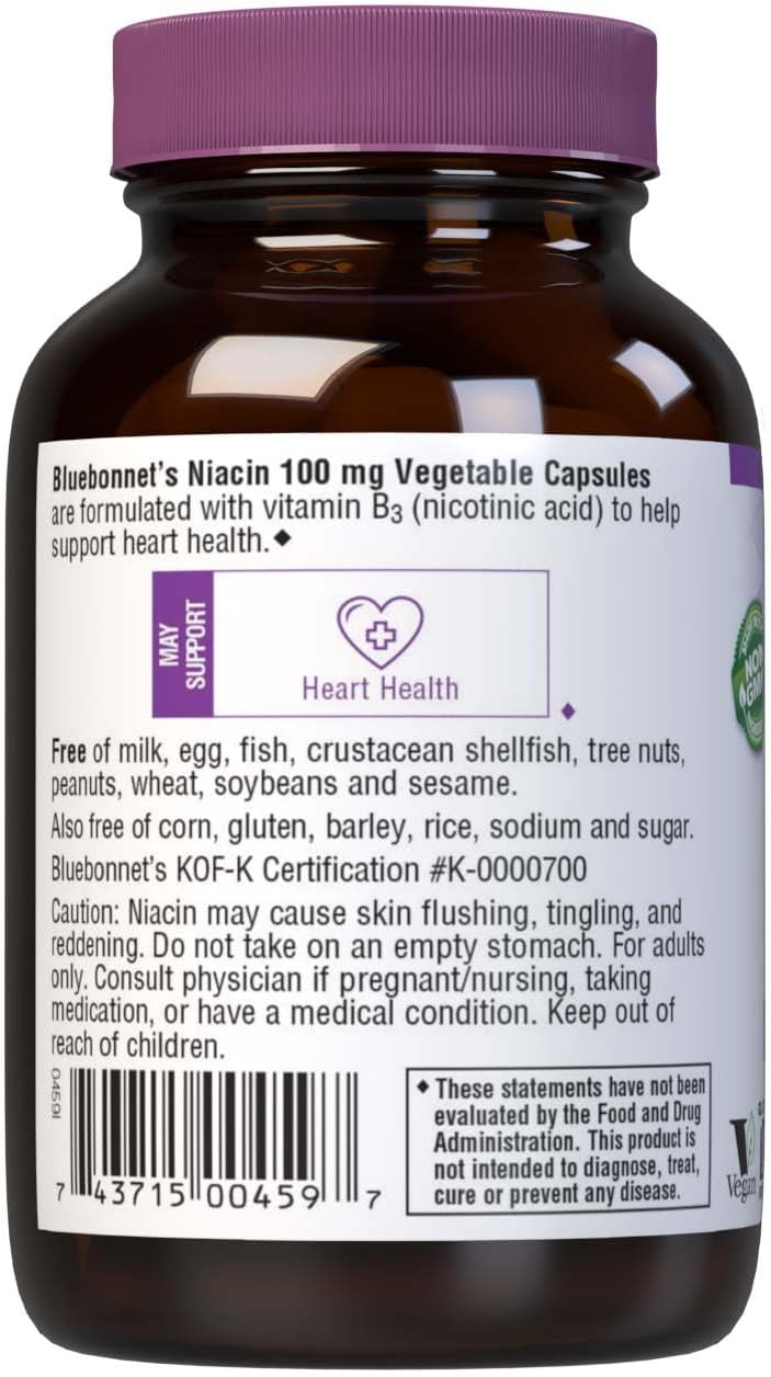 Bluebonnet Niacin 100mg - Vitamin B3 (Nicotinic Acid) - Flush Supplement - 90 Vegetable Capsules