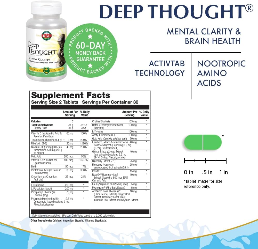 KAL Deep Thought - Apoyo para la función nerviosa y la salud del sistema nervioso con riboflavina (B2), DMAE, vitaminas B y aminoácidos - 30 dosis, 60 comprimidos