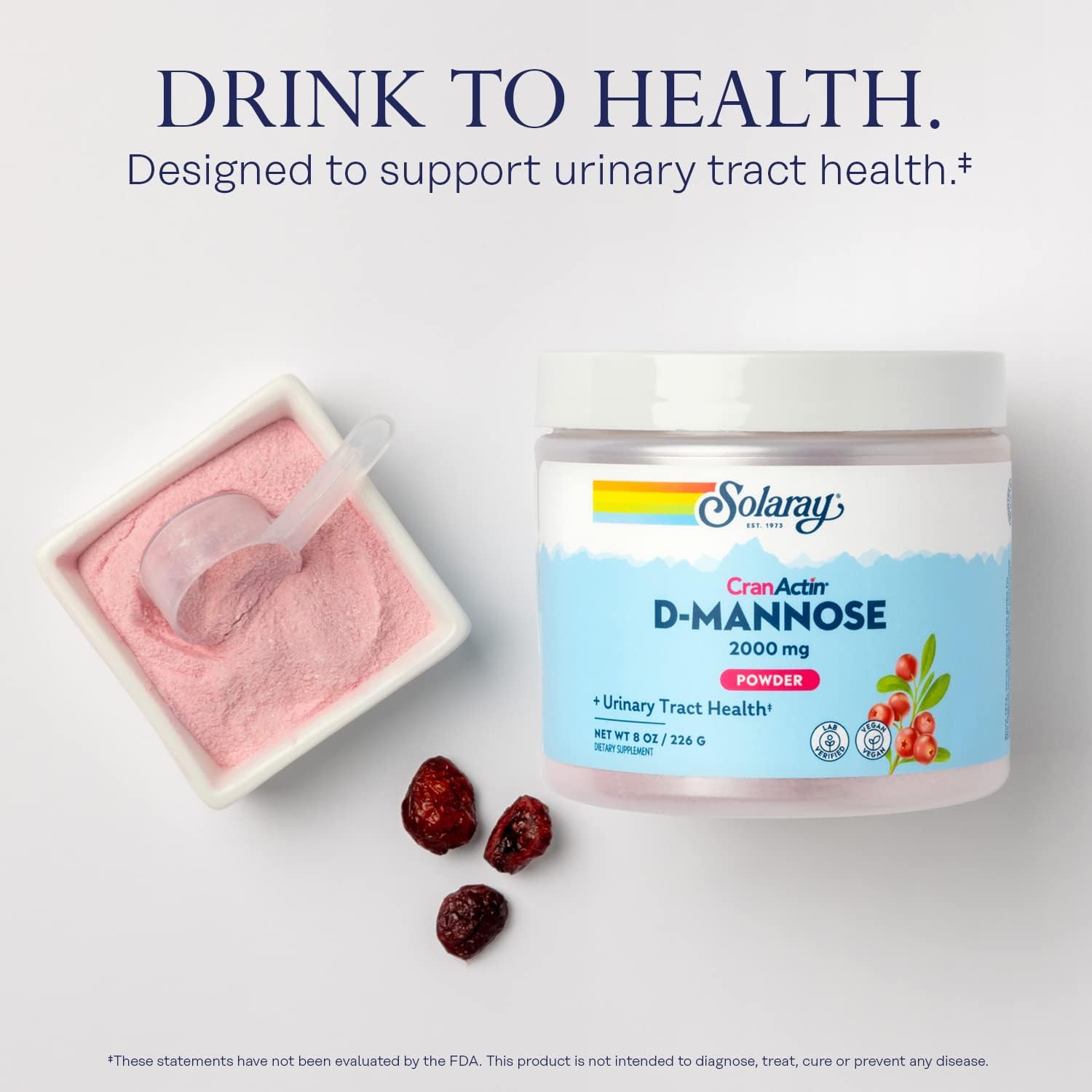 SOLARAY D-Mannose con CranActin Arándano Rojo Extracto en Polvo, 2000 mg, 30 Servicios