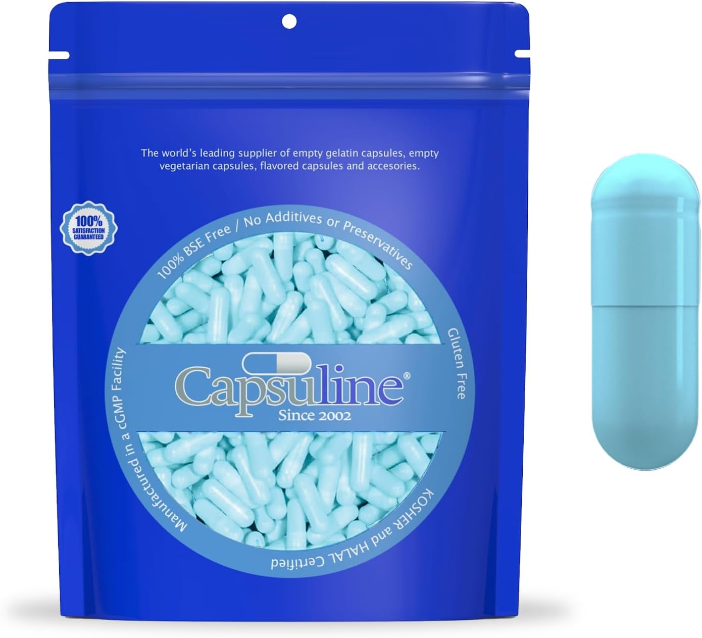 Cápsuline Cápsulas Vacías Veganas Color Talla 00 - 1000 Unidades - HPMC - Certificadas Kosher y Halal - No GMO (Azul Aqua)
