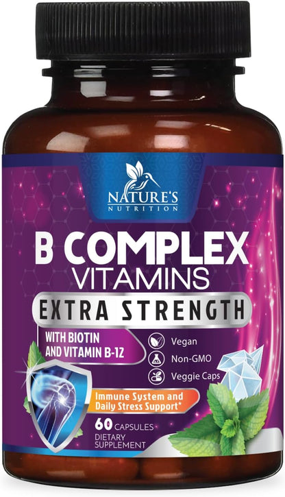 Nature's Nutrition Complejo B-100 Completo - Cápsulas con Vitaminas B12, B6, C, Biotina y Folato - 60 Cápsulas – Image 1