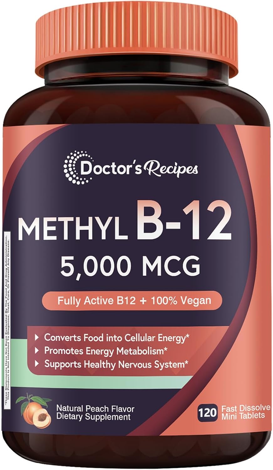 Doctor's Recipes Vitamina B12, Metilcobalamina 5000 mcg, 90 Comprimidos de Disolución Rápida, Sabor Natural a Melocotón, Vegano