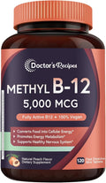 Doctor's Recipes Vitamina B12 Sublingual, Metilcobalamina 5000 mcg, 120 Comprimidos de Disolución Rápida, Sabor Natural a Melocotón, Vegano