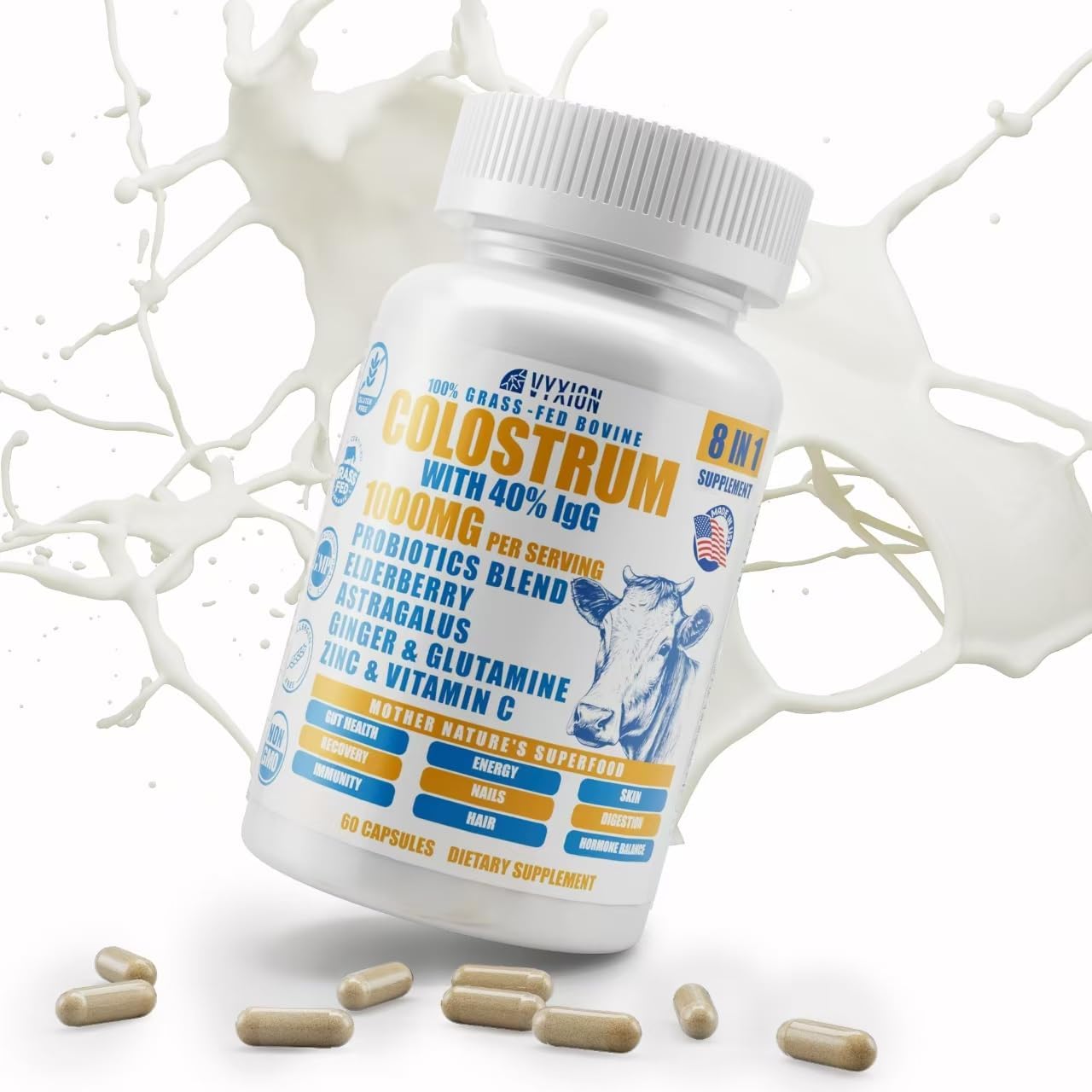 Vyxion 8-en-1 Colostro Bovino 1000mg con 40% IgG y Probióticos - 60 Cápsulas