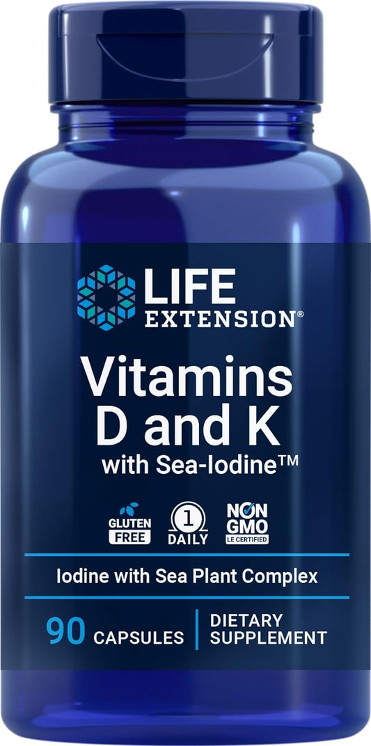 Life Extension Vitaminas D y K con Yodo Marino, 90 Cápsulas