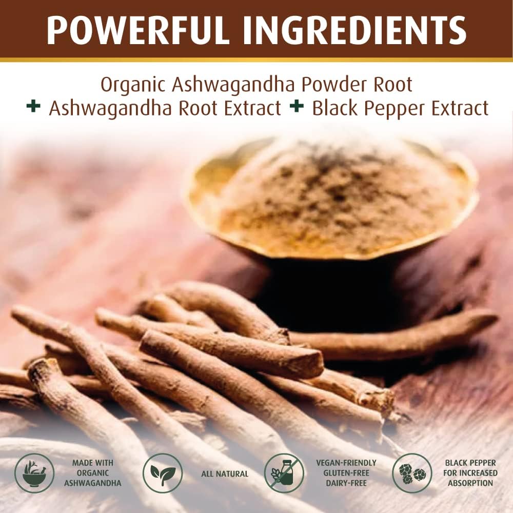PRATIC LINE Ashwagandha Cápsulas 3000 mg - 120 Cápsulas Veganas con Polvo y Extracto de Raíz Orgánica. Sin Gluten. Hecho en EE. UU.