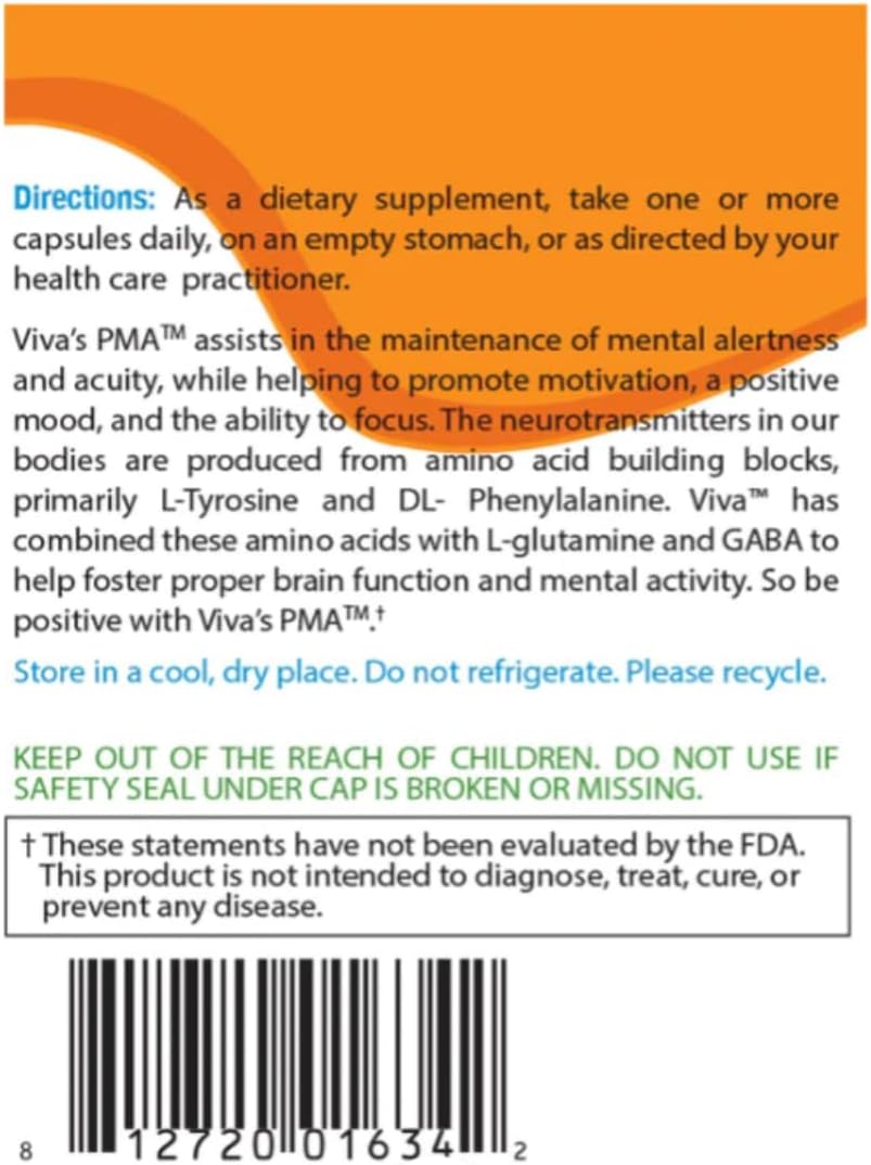 Viva Vitamins PMA Positive Mental Attitude - Suplemento para el Estado de Ánimo (60 Cápsulas)