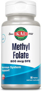 KAL Metilfolato 800 mcg - Complemento de Ácido Fólico Activo 5-MTHF, 90 Comprimidos