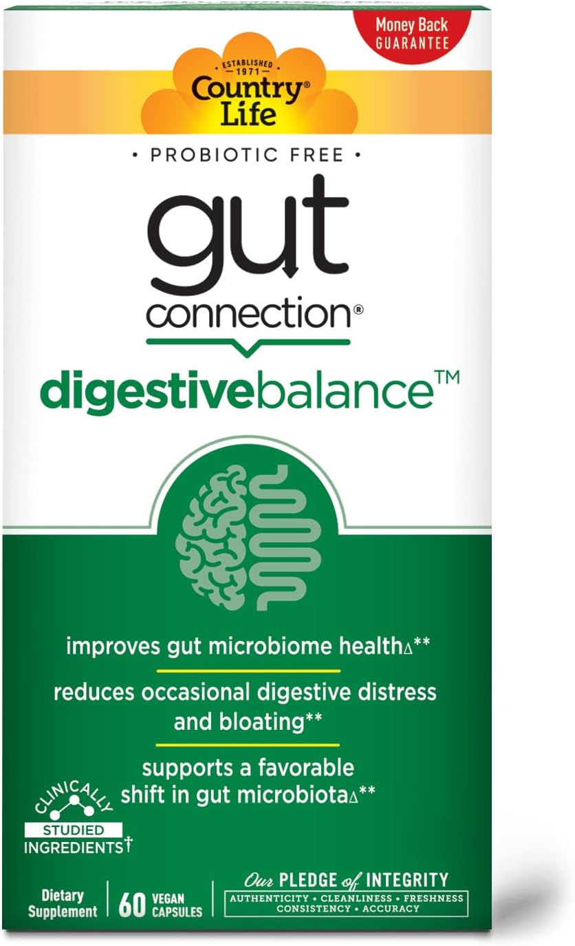 Country Life Gut Connection Digestive Balance – Prebiótico y Enzimas Digestivas para la Salud Intestinal, 60 Cápsulas
