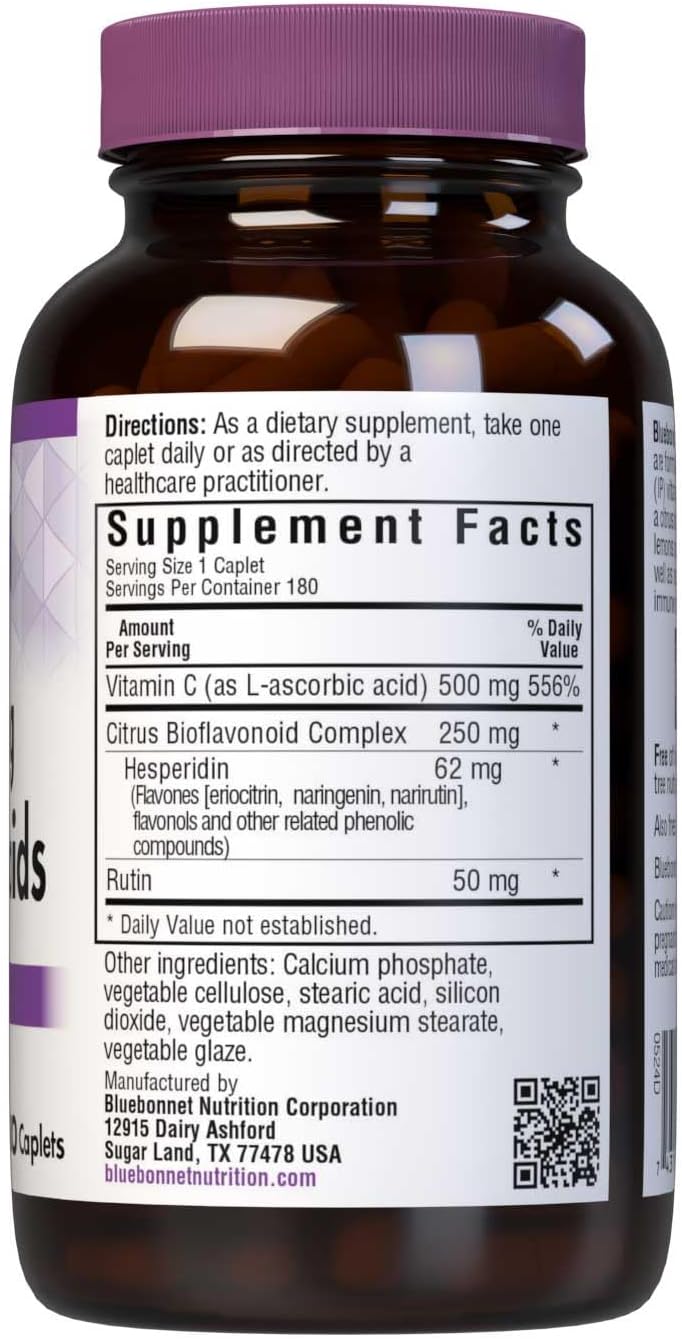 Bluebonnet Nutrition C-500 mg con Bioflavonoides Cítricos, 500 mg de Vitamina C y 250 mg de Bioflavonoides, 180 Caplets