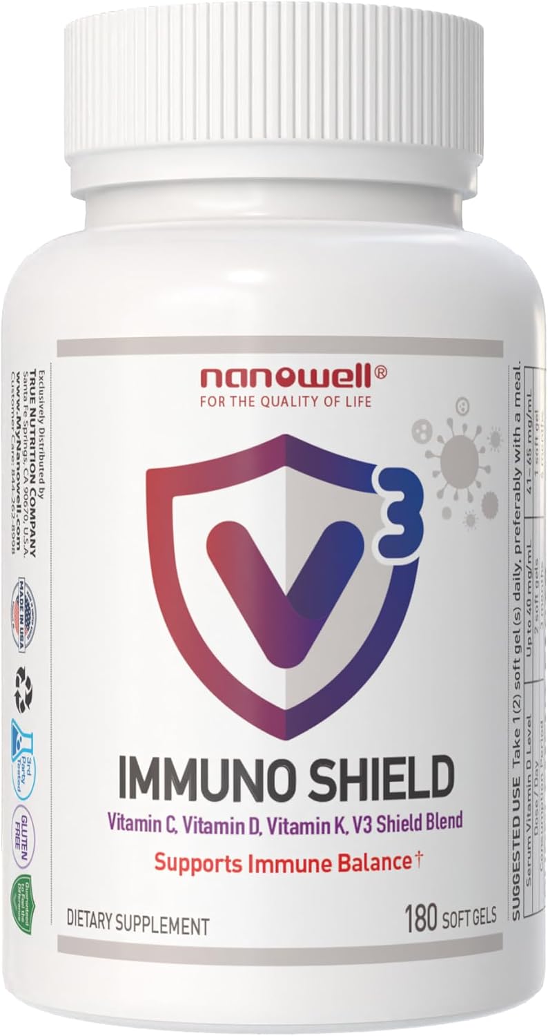 NANOWELL V3 IMMUNO Shield - Apoyo Inmunitario con Vitaminas C, D3, K y Zinc (360 Cápsulas Blandas)