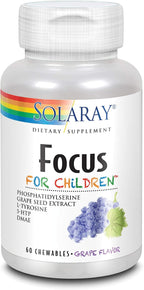 SOLARAY Kids Focus Chewables - Suplemento de Concentración para Niños con Fosfatidilserina, DMAE y L-Tirosina - 60 Comprimidos Masticables Sabor Uva Natural