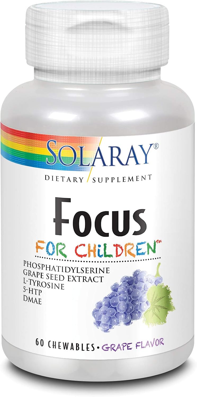 SOLARAY Kids Focus Chewables - Suplemento de Concentración para Niños con Fosfatidilserina, DMAE y L-Tirosina - 60 Comprimidos Masticables Sabor Uva Natural