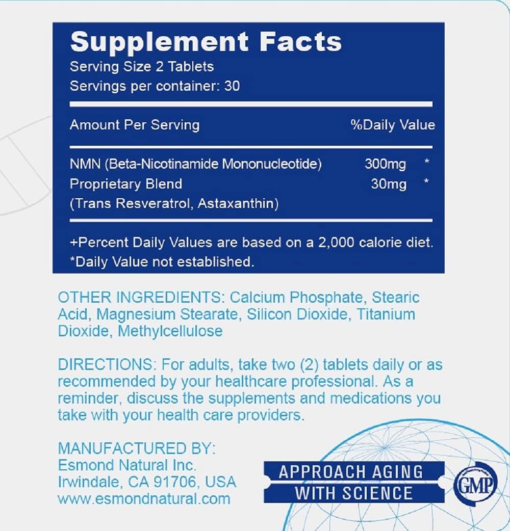 Esmond Natural NMN Plus (5 Paquetes) - 300 mg NMN + 30 mg Trans-Resveratrol, 300 Comprimidos