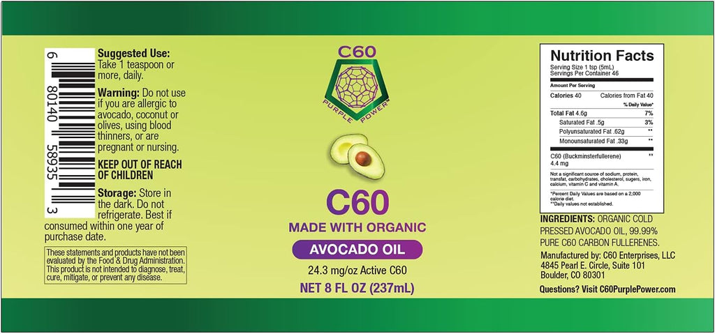 C60 Power con Aceite de Aguacate Orgánico - Fullerenos de Carbono 99,99% Puros - 236 ml