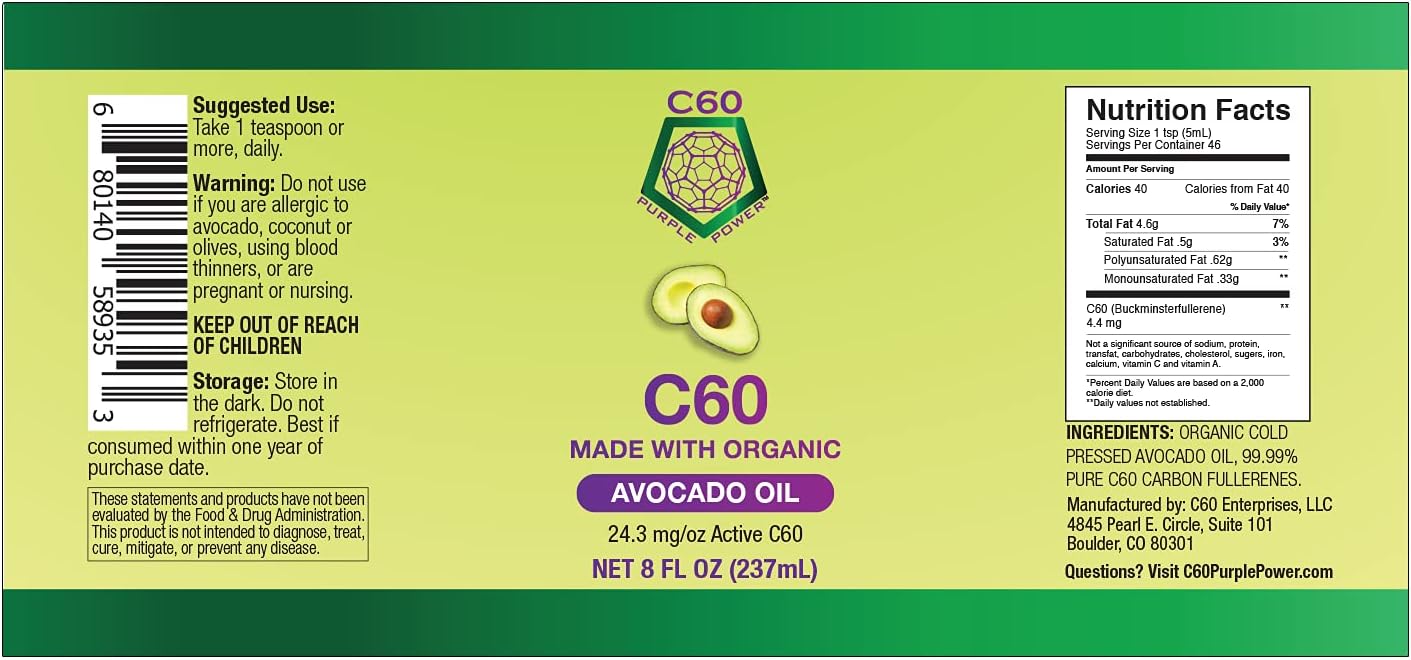 C60 Power con Aceite de Aguacate Orgánico - Fullerenos de Carbono 99,99% Puros - 236 ml