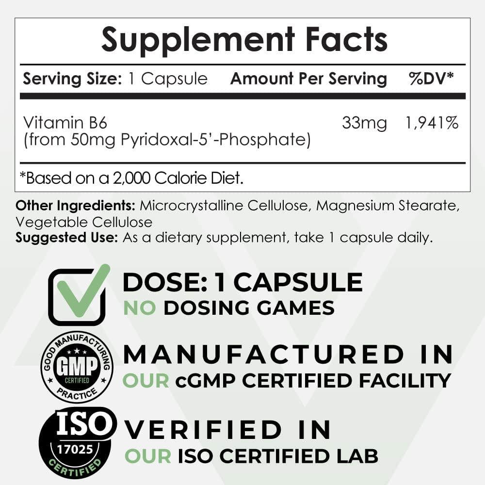 Piridoxal-5'-Fosfato (P5P) 50mg - 365 Cápsulas - Forma Activa de Vitamina B6