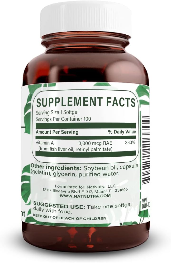 Natural Nutra Vitamina A 10.000 UI Cápsulas Blandas – Alta Potencia para Visión y Piel – Sin Gluten – Aceite de Hígado de Pescado – 100 Cápsulas (Envase de 2)