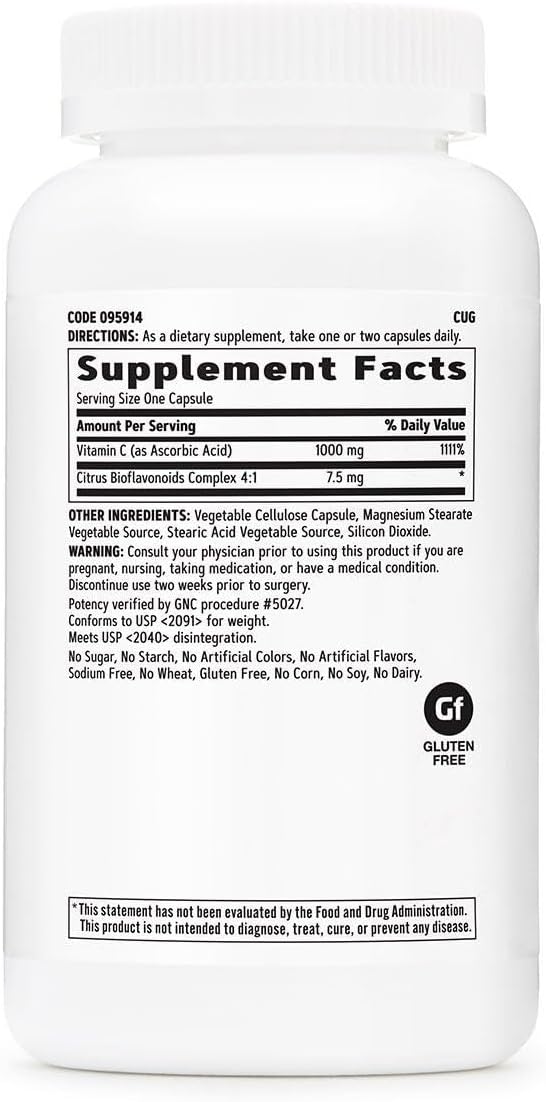 GNC Vitamina C 1000 mg con Bioflavonoides Cítricos - 180 Cápsulas Vegetarianas