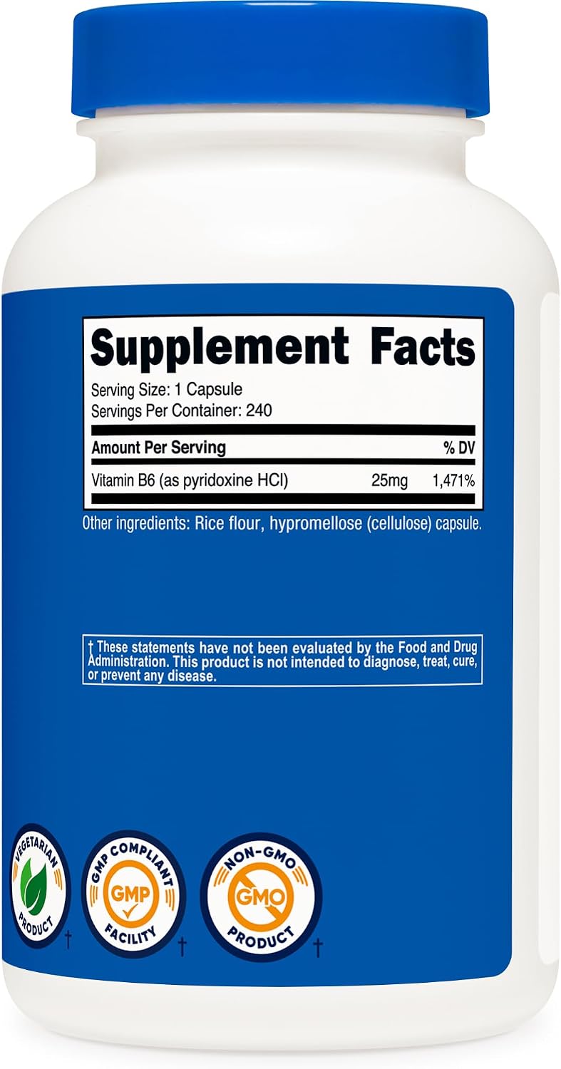 Nutricost Vitamin B6 (Pyridoxine HCl) 25mg, 240 Cápsulas - Sin OGM, Sin Gluten y Apto para Vegetarianos