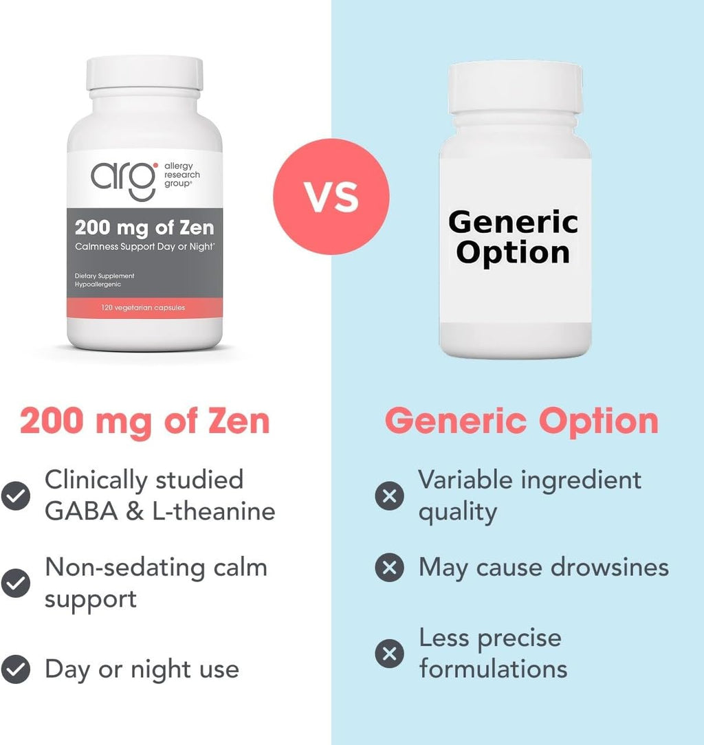 200 mg of Zen de Allergy Research Group – L-Teanina y GABA para la Calma y el Equilibrio – 120 Cápsulas Vegetarianas
