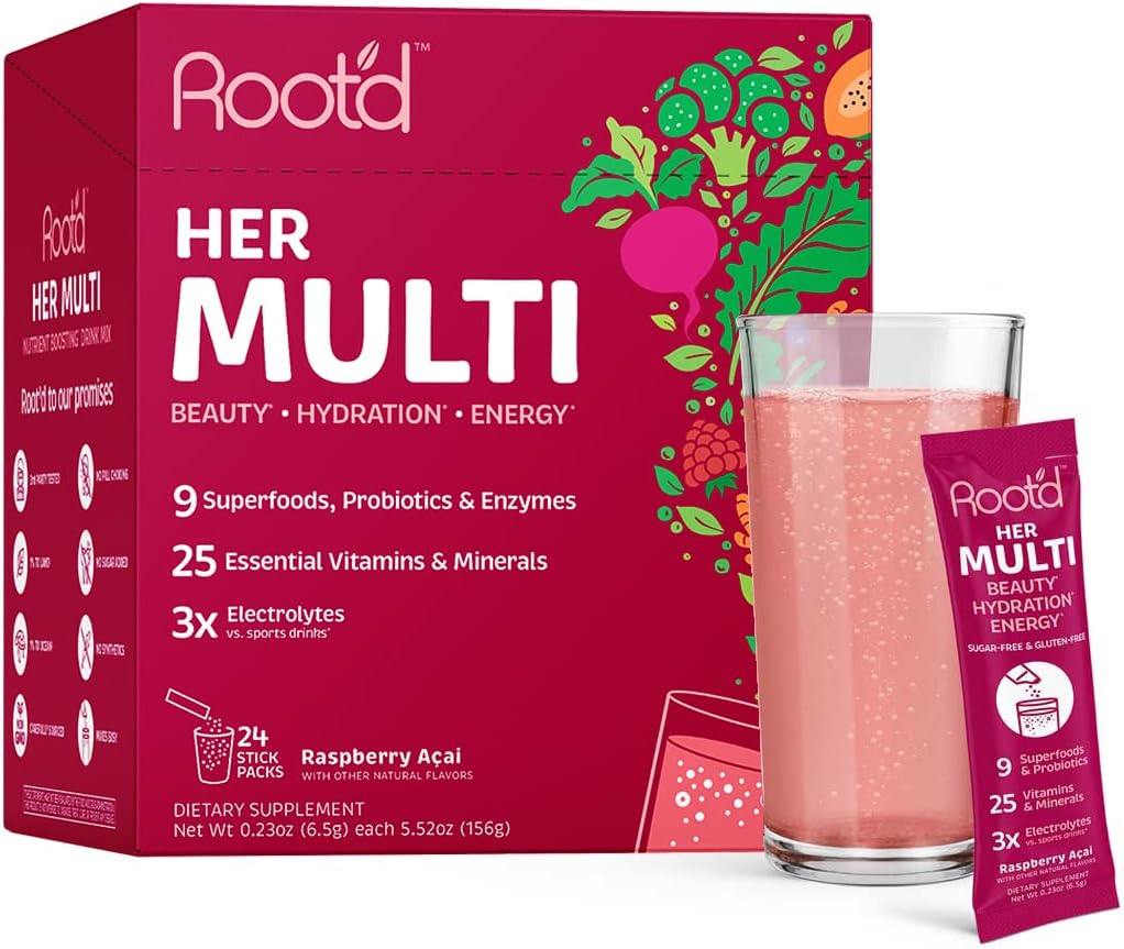 Root'd Multivitamínico en Polvo para Mujeres - 25 Vitaminas y Minerales con Electrolitos, Superalimentos y Probióticos, 24 sobres