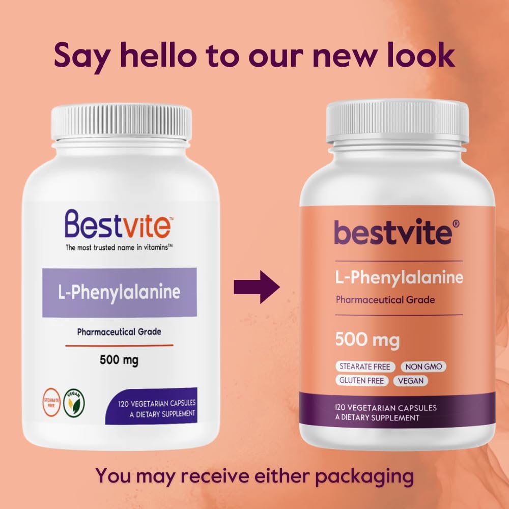 BESTVITE L-Fenilalanina 500 mg (120 Cápsulas Vegetarianas) - Sin estearatos - Vegano - Sin gluten - Sin OGM