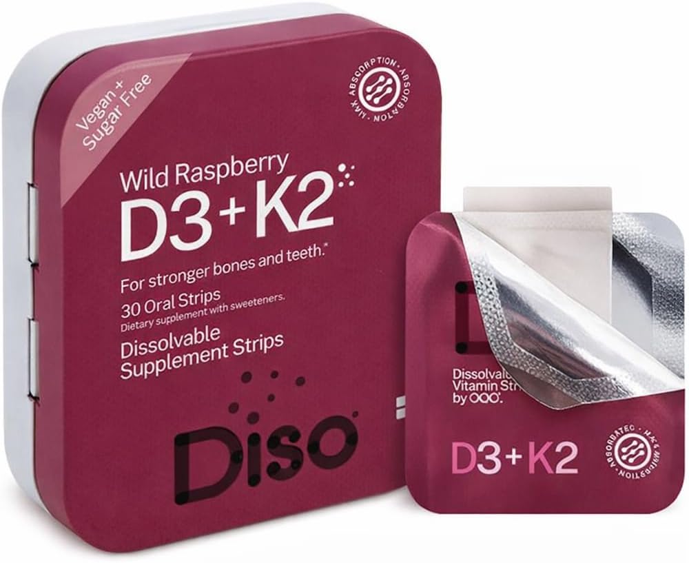 DISO D3+K2 Tiras Orales de Disolución Rápida (Sabor Frambuesa, 30 unidades)