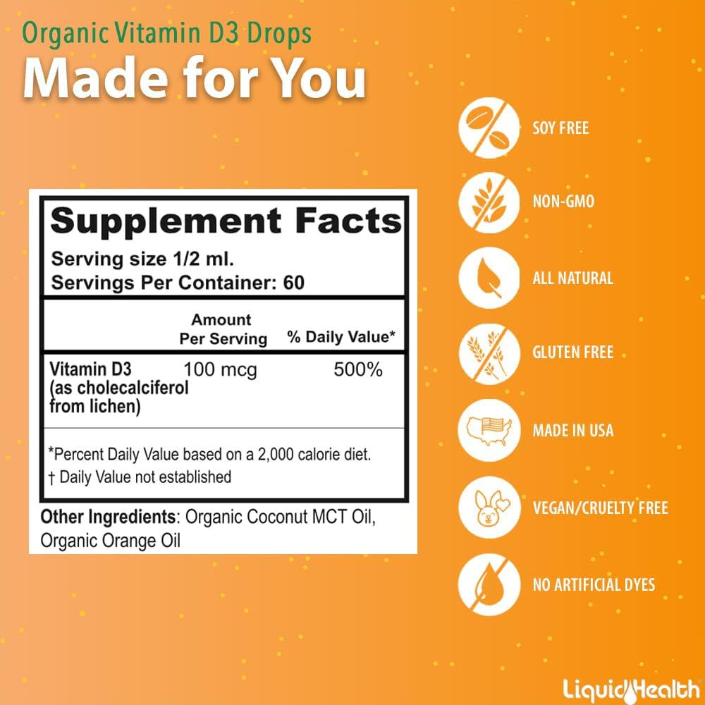 LIQUIDHEALTH Vitamina D3 4000 UI, Gotas Líquidas Orgánicas de Vitamina D para Adultos y Niños, Vitamina D Vegana para el Sistema Inmunológico, Salud Ósea, Ánimo, Piel Saludable - Hecho en EE.UU. (Pack de 3)