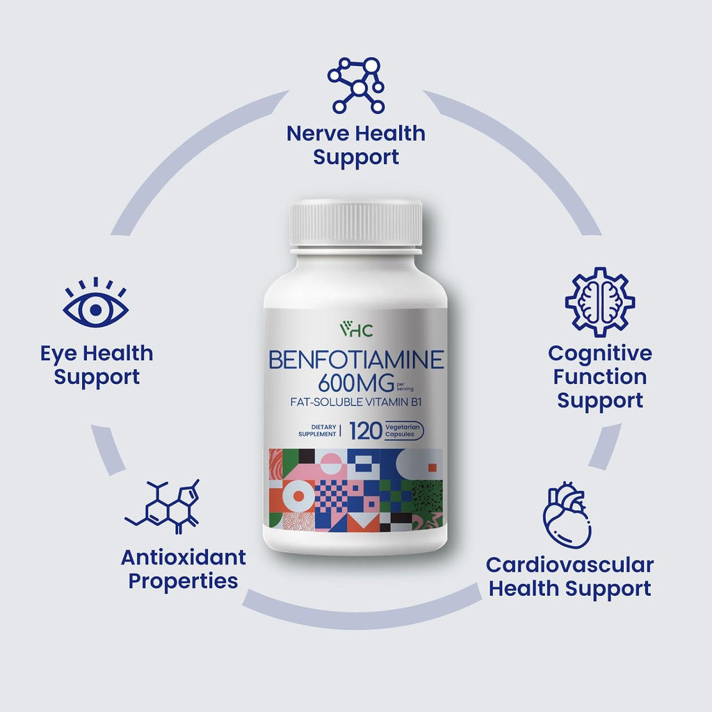 VHC Benfotiamina 600mg - 120 Cápsulas Veganas - Vitamina B1 Liposoluble de Alta Absorción
