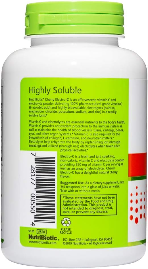 NutriBiotic Electro-C Cherry – Vitamina C y Electrolitos en Polvo, 8 oz