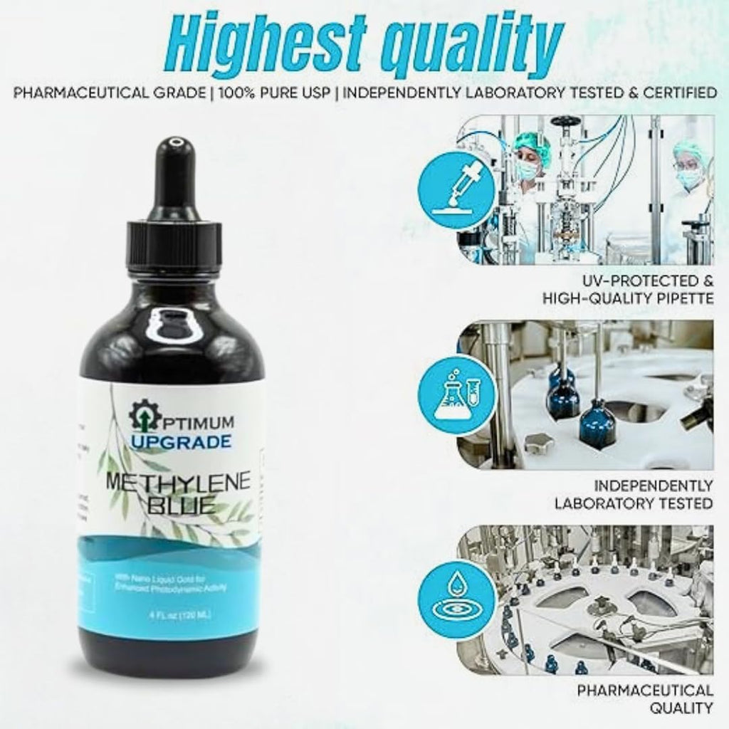 OU Methylene Blue 1% | USP-Grade | Probado por Terceros | Complemento para la Salud Cerebral | 120 ml Frasco de Vidrio con Gotero | Sin Formaldehído (4 Oz)