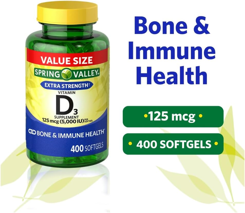 Vitamina D3 Spring Valley Cápsulas Blandas, 125 mcg por Cápsula, 5000 IU, 400 Unidades, y Regalo Masajeador de Hielo para Cara