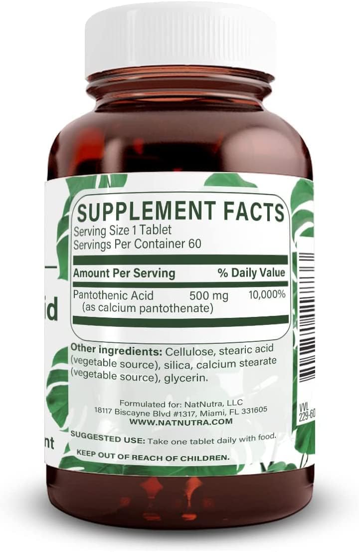 Natural Nutra Ácido Pantoténico 500 mg Liberación Prolongada - Vitamina B5 - 60 Comprimidos Vegetarianos (2 Envases)