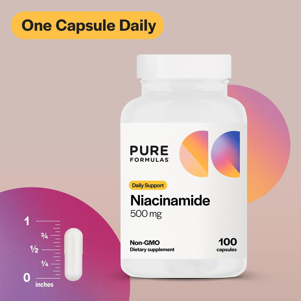 PureFormulas Niacinamida 500 mg - 100 Cápsulas, Alta Potencia, Vitamina B3 sin Rubefacción