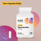 PureFormulas Niacinamida 500 mg - 100 Cápsulas, Alta Potencia, Vitamina B3 sin Rubefacción