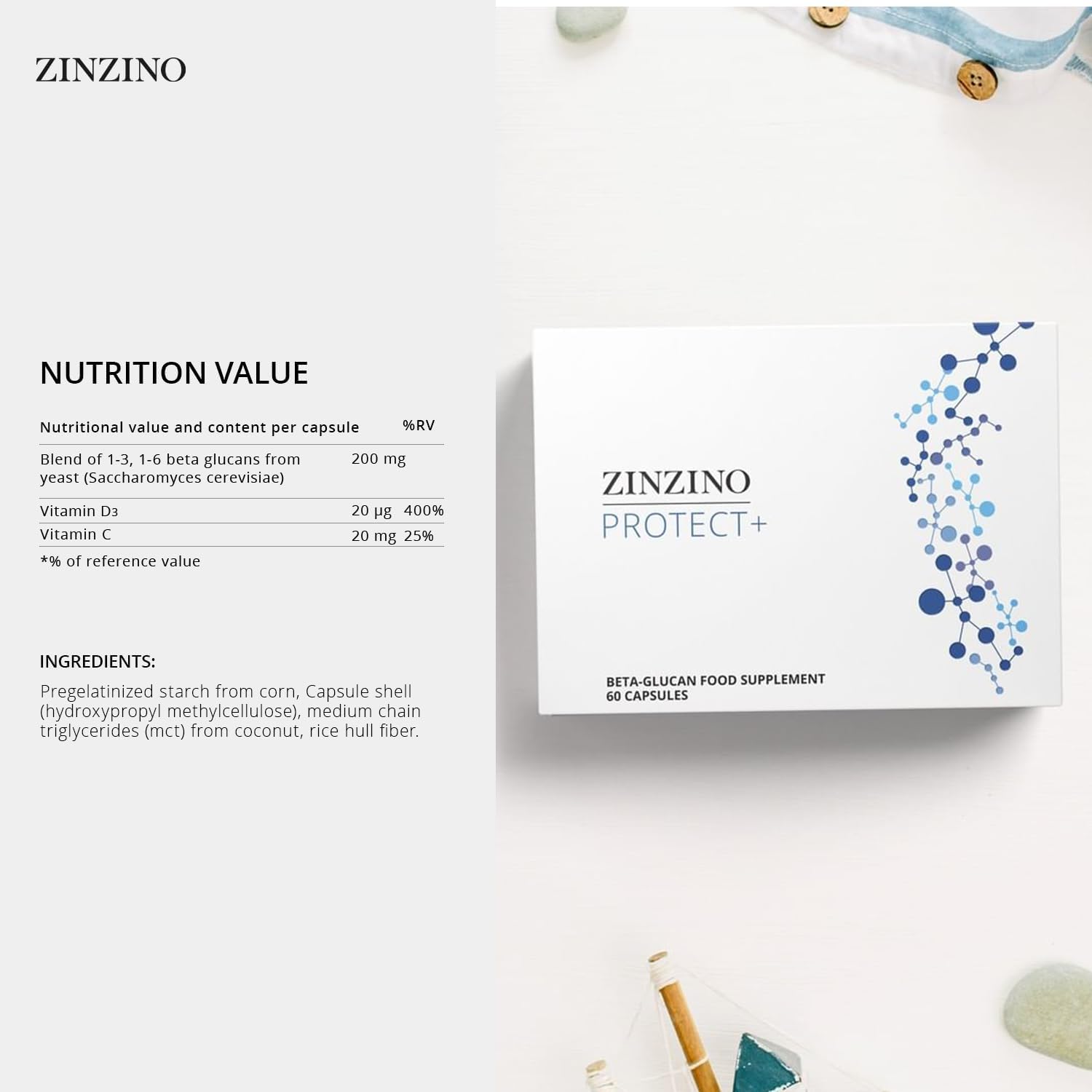 Zinzino Protect+ - Suplemento Inmunológico con Beta-Glucanos, Vitamina C y D3, 60 Cápsulas