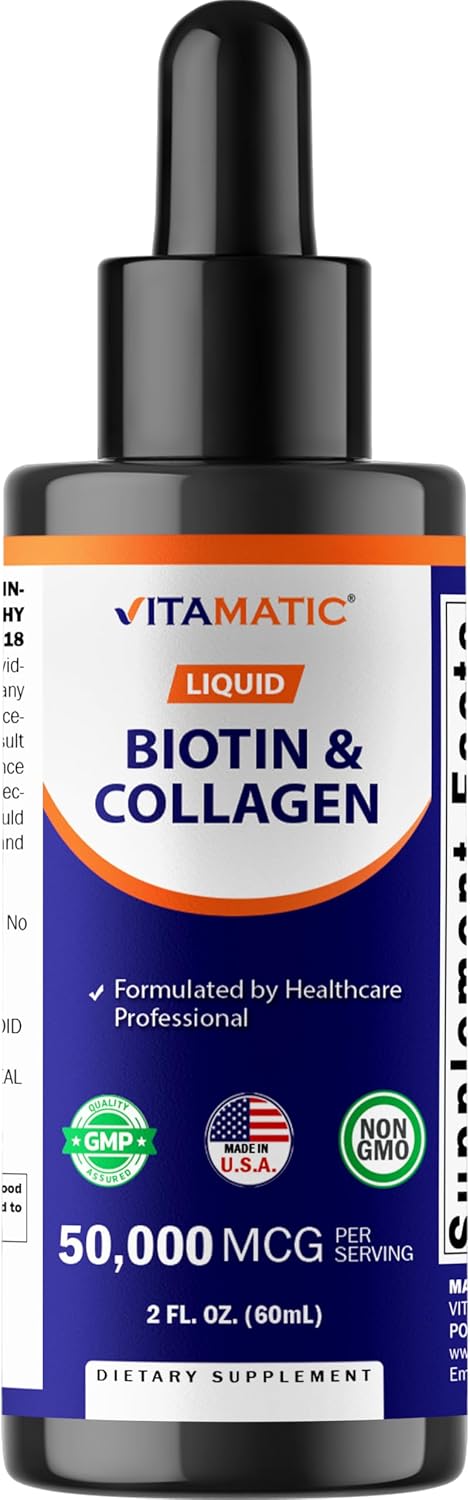 Vitamatic Biotina Líquida con Colágeno – 50.000 mcg – 59 ml – Apoyo para Cabello, Piel y Uñas