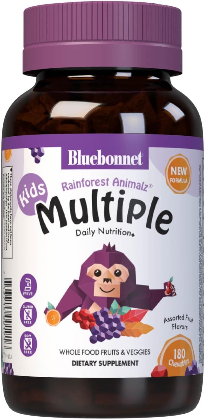 Bluebonnet Nutrition Rainforest Animalz - Multivitamínico infantil masticable con base de alimentos integrales - 180 comprimidos masticables - Sabor variado (cereza, uva, naranja)